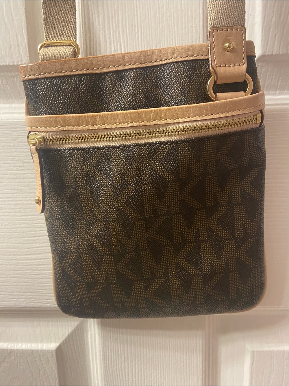 Michael Kors Brown MK Logo Crossbody with Tan Strap
